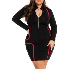 RED DOT BOUTIQUE Women's Plus Size Deep V Neck Front Zip Long Sleeve Sexy Bodycon Club Mini Dress