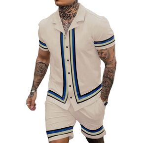 OYOANGLE Men's 2 Piece Outfits Colorblock Striped Print Button Down Short Sleeve Shirt Top and Drawstring Waist Shorts Set