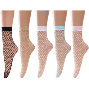 DEEP TOUCH Women's anklet Fishnet Socks Lace Stort Sockings Hollow Out Anklet Dress Low Mesh Net Socks 5 Pairs