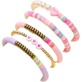 COLORFUL BLING 6Pcs/Pack Gold Beaded Bracelet Rainbow Vinyl Disc Ball Srting Stretch Heart Shaped Bracelets Cuff Bangle Set for Women Girls Jewelry