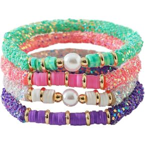 COLORFUL BLING 6Pcs/Pack Gold Beaded Bracelet Rainbow Vinyl Disc Ball Srting Stretch Heart Shaped Bracelets Cuff Bangle Set for Women Girls Jewelry