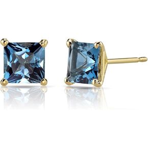 Peora 14K Yellow Gold London Blue Topaz Stud Earrings for Women, Genuine Gemstone Solitaire Princess Cut, 6mm, 2.50 Carats total, Friction Back