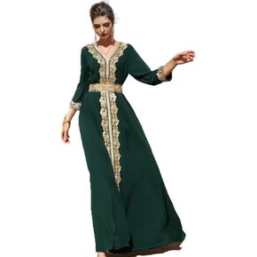 PolyJolly Gold Applique for Women Dubai Fancy Moroccan Arabic Jalabiya Eid Dress
