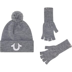True Religion womens Beanie Hat and Fingerless Gloves Set, Cuffed Winter Knit Cap With Pom and Matching Mittens