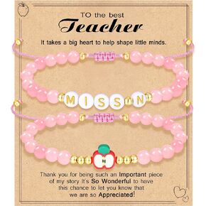 Teacher Appreciation Bracelet Gifts for Women Initial Beaded Bracelets Back to School Thank You Teacher Gifts 2pcs Link Bracelet New Teacher Graduation Gift Birthday Retirement Teachers' Day Jewelry