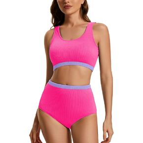 Holipick Ribbed High Waisted Bikini Two Piece Bathing Suit for Women Sport Athletic Swimsuit with Full Coverage Bottom