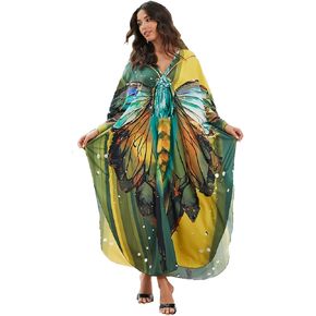 AILUNSNIKA Women Print Kaftan Dresses Plus Size Caftan Loose Swimsuit Cover Up V-Neck Beach Dresses