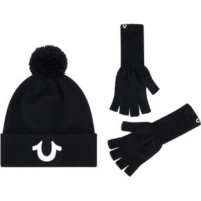 True Religion womens Beanie Hat and Fingerless Gloves Set, Cuffed Winter Knit Cap With Pom and Matching Mittens