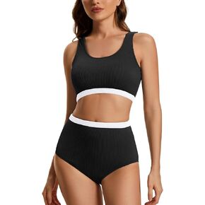 Holipick Ribbed High Waisted Bikini Two Piece Bathing Suit for Women Sport Athletic Swimsuit with Full Coverage Bottom