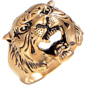 SAINTHERO Men's 316L Stainless Steel Ring Band Vintage Gothic Tribal Biker Tiger Head Rings Animal Design Silver/Black/Gold/Gold Black Size 7-13