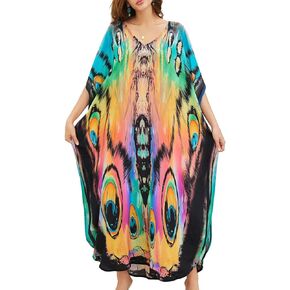 Eddoyee Women's Kaftan Dress Short Sleeve Beach Cover Up Ethnic Print Plus Size V-Neck Caftan Loose Long Maxi Dress