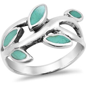 AeraVida Olive Branch Leaves Wrap Simulated Green Turquoise Inlay .925 Sterling Silver Ring