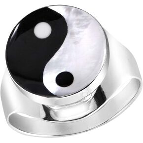 Aeravida Spiritual Balance Yin and Yang Symbol Simulated Black Onyx .925 Sterling Silver Ring | Classic Wedding Rings For Women | Casual Comfort Fit Silver Rings for Women | Yin and Yang Ring Gift for Women