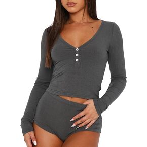 KIGRAD Women Y2K 2 Piece Pajama Sets PJs Sweatsuits Ribbed Long Sleeve Button Down Crop Top and Shorts Lounge Sleepwear
