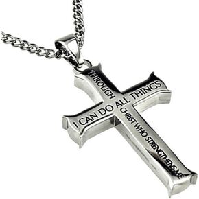 North Arrow Shop Philippians 4:13 Jewelry, Cross Necklace Strength Bible Verse, Stainless Steel with Ball Chain (20" Curb Chain)