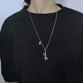 Aimimier Punk Stainless Steel Teddy Bear Pendant Necklace Cute Animal Long Necklace for Women or Men
