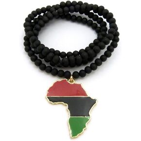 Pan African Colored Africa Map Pendant 6mm 30" Wooden Bead Necklace in Gold Tone (6mm 30" Wooden Bead)