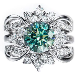 Fancy Vivid Blue Green Moissanite Wedding Band Ring Set for Women Moissanite Engagement Rings Wrap Guard Enhancers 4.2cttw Lab Created Diamond Anniversary Bridal Sets (size-10)