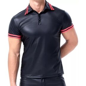 Men Sexy Leather T-Shirt, Plus Size S-5XL, Shiny Soft Matte Leather, Short Sleeve Polo Shirt for Male