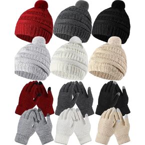 Shihanee 12 Pack Winter Beanie Hat and Gloves Set for Women Knitted Pom Hat Fleece Lined Skull Cap with Women Touchscreen Gloves, 6 Colors in Kuwait