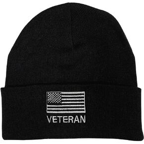 VetFriends.com US Veteran Beanie Cap with American Flag Embroidery on Black Knit hat