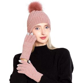 Winter Warm Beanie Hat Gloves Set, Winter Knit Hat and Touch Screen Gloves Set, Chenille Wool Hat Gloves for Women