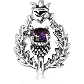 WithLoveSilver 925 Sterling Silver Scottish Style Thistle Heart Round Simulated Purple Cubic Zirconia Pendant