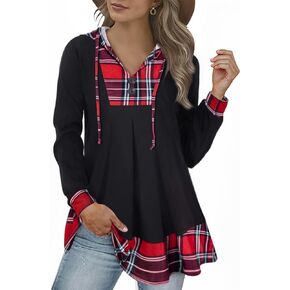 سترة نسائية ذات قلنسوة مرقع منقوشة تونيك، أكمام طويلة، سويت شيرت خريفي كاجوال مع رباط in Kuwait