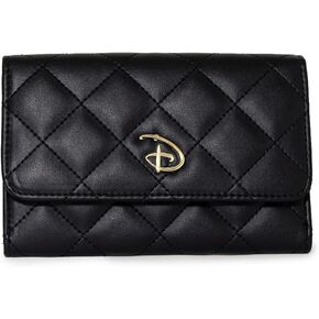 محفظة Buckle Down للرجال، قابلة للطي، شعار Disney Signature D ذهبي، جلد نباتي أسود مبطن، 6.5 بوصة × 4.5 بوصة