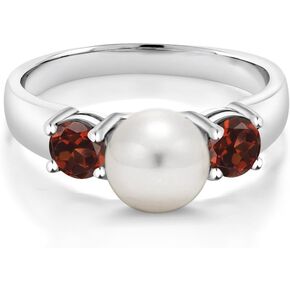 Gem Stone King 925 Sterling Silver Freshwater Pearl and Red Garnet Ring For Women (0.80 Cttw, Gemstone January Birthstone, Available in Size 5,6,7,8,9)