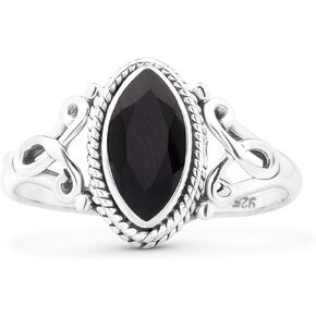 Cut Marquise Black Onyx Ethnic 925 Sterling Silver Ring - Delicate BOHO Chic Jewelry - Fashionable and Stylish for Girls and Women with Velvet Gift Bag - Made by Indian Artisans - Size 5-9 By Koral Jewelry