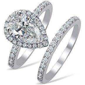 101 Facets realistic 2 carats pear shape simulated diamond ring band set 925 silver