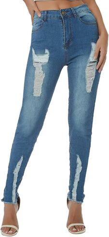 بنطال جينز LONGBIDA ممزق للنساء ذو ​​خصر عالٍ ومطاط من قماش الدنيم الضيق in Kuwait