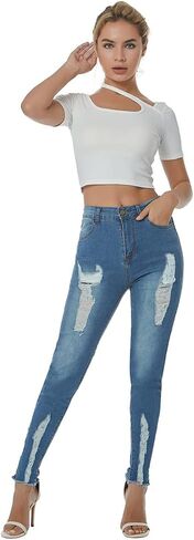 بنطال جينز LONGBIDA ممزق للنساء ذو ​​خصر عالٍ ومطاط من قماش الدنيم الضيق in Kuwait