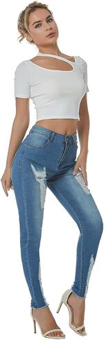 بنطال جينز LONGBIDA ممزق للنساء ذو ​​خصر عالٍ ومطاط من قماش الدنيم الضيق in Kuwait