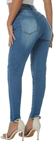 بنطال جينز LONGBIDA ممزق للنساء ذو ​​خصر عالٍ ومطاط من قماش الدنيم الضيق in Kuwait