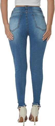 بنطال جينز LONGBIDA ممزق للنساء ذو ​​خصر عالٍ ومطاط من قماش الدنيم الضيق in Kuwait