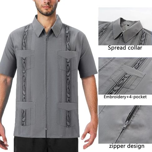 قمصان رجالية بأكمام قصيرة من Guayabera للرجال بسحاب كوبي كاجوال من القطن للشاطئ مع جيوب in Saudi Arabia