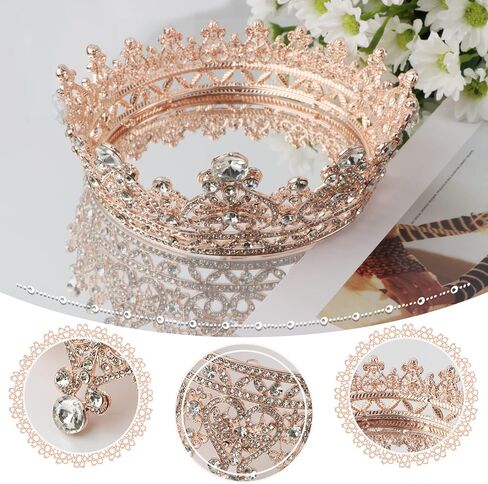yyoemas تيجان الملكة كريستال مستديرة للنساء، تاج كعكة تاج من حجر الراين الذهبي الوردي، تاج تاج الزفاف لحفلات أعياد الميلاد وحفلات أعياد الميلاد وإكسسوارات الشعر لمهرجانات الملكة in Kuwait
