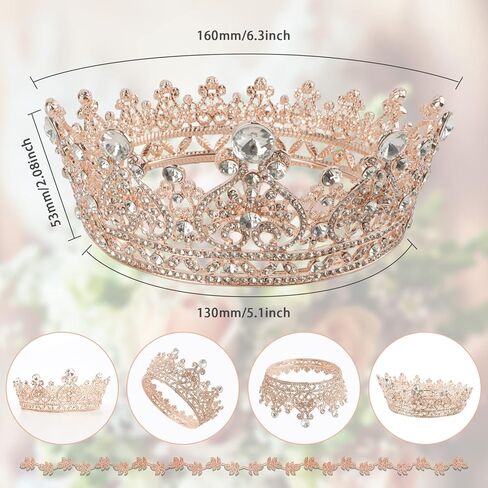 yyoemas تيجان الملكة كريستال مستديرة للنساء، تاج كعكة تاج من حجر الراين الذهبي الوردي، تاج تاج الزفاف لحفلات أعياد الميلاد وحفلات أعياد الميلاد وإكسسوارات الشعر لمهرجانات الملكة in Kuwait