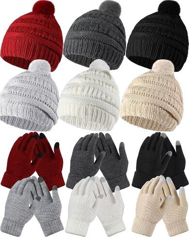 Shihanee 12 Pack Winter Beanie Hat and Gloves Set for Women Knitted Pom Hat Fleece Lined Skull Cap with Women Touchscreen Gloves, 6 Colors in Kuwait