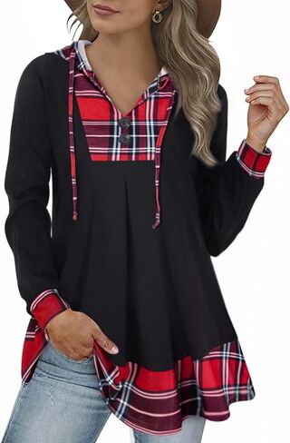 سترة نسائية ذات قلنسوة مرقع منقوشة تونيك، أكمام طويلة، سويت شيرت خريفي كاجوال مع رباط in Kuwait