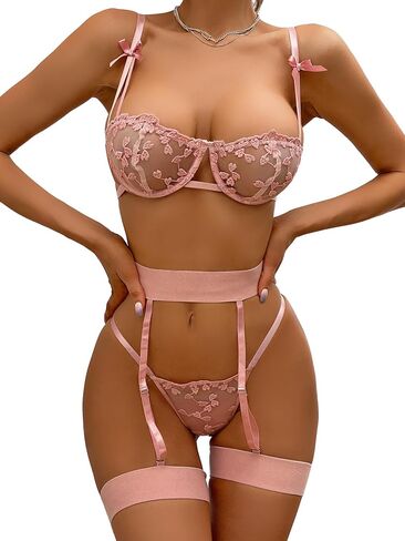 مجموعة الملابس الداخلية النسائية من Aossfre المصنوعة من الدانتيل الشبكي مكونة من 3 قطع حمالة صدر ولباس داخلي بيبي دول in Kuwait