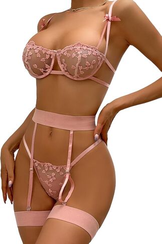 مجموعة الملابس الداخلية النسائية من Aossfre المصنوعة من الدانتيل الشبكي مكونة من 3 قطع حمالة صدر ولباس داخلي بيبي دول in Kuwait