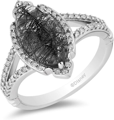 Jewelili Enchanted Disney Fine Jewelry Sterling Silver 14x7 MM Rutile Quartz Marquise and 1/3 Cttw Natural White Diamond Maleficent Ring in Saudi Arabia