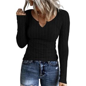 تي شيرت نسائي خريفي أنيق بأكمام طويلة وفتحة رقبة على شكل V من Ivicoer، بلوزات غير رسمية بقصة ضيقة، قطع علوية مضلعة متماسكة أساسية in Kuwait