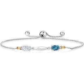 925 Sterling Silver and 10K Yellow Gold Personalized 2-Stone Oval Birthstones and White Lab Grown Diamond Name Engraved Adjustable Tennis Bracelet For Women For Mother's Mom Wife Girls Her