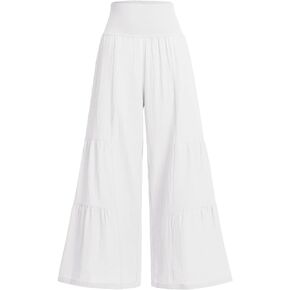 ABAFIP Women's Elastic High Waist Linen Wide Leg Palazzo Pants Boho Loose Fit Summer Casual Flowy Lounge Trousers