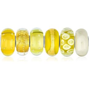 Bling Jewelry Mixed Set Of Bundle .925 Sterling Silver Core Translucent Shades Of White Yellow Brown Lemon Floral Flower Murano Glass Swirl Charm Bead Spacer Fits European Bracelet For Women Teen