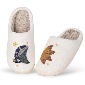 huiphong Sun and Moon soft plush comfy warm slip-on slippers for women me